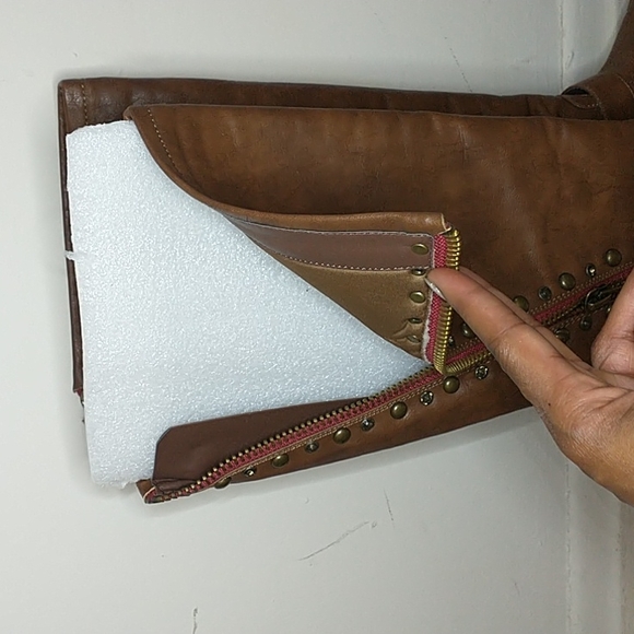 Not rated "mockingbird" tan/brown faux leather knee high studded boots - Picture 4 of 11